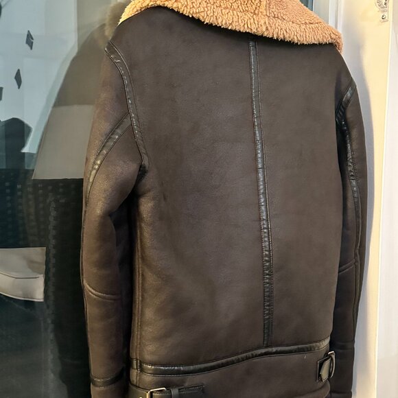 ZARA MAN Faux Leather Faux Fur Winter Lapel Jacket - Small, Brown - Picture 4 of 5